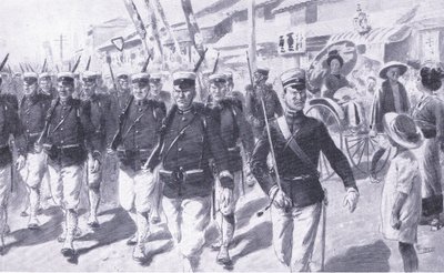 Japonci pochodují Tokiem, ilustrace z Cassells Historie rusko-japonské války Vol 1, kolem roku 1900 od Ernest Prater