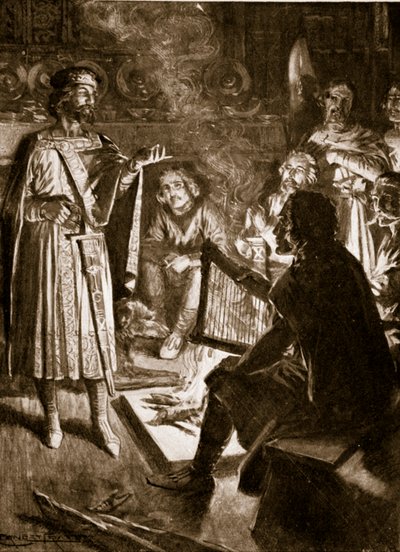Král Canute a básník, ilustrace z „Hutchinsonova příběhu britského národa“, kolem roku 1920 od Ernest Prater