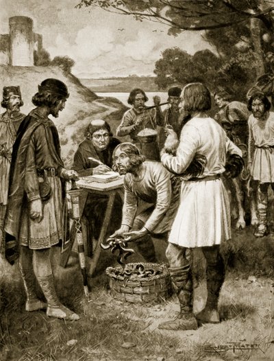 Placení nájemného v saských dobách, ilustrace z „Hutchinsonova příběhu britského národa“, kolem roku 1920 (litho) od Ernest Prater