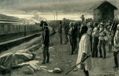 „Vlak převážející ostatky pana Rhodese pozdravený stráží srubu“, 1902. od Ernest Prater