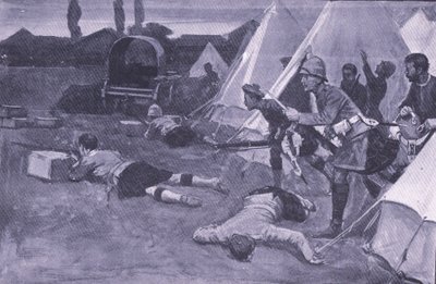 Útok na britský tábor na tržišti Jacobsdal, ilustrace z After Pretoria: The Guerilla War, 1902 od Ernest Prater