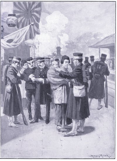 Vojska opouštějící Tokio, ilustrace z Cassells Historie rusko-japonské války Vol 1, kolem roku 1900 od Ernest Prater