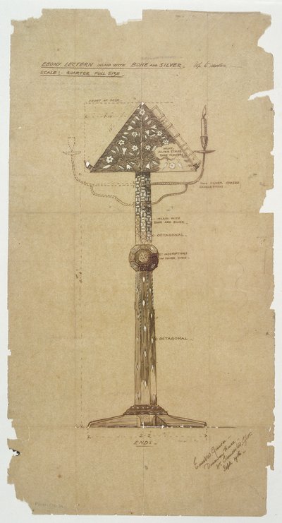 Design pro Ebony Lectern vykládaný kostmi a stříbrem pro kostel St. Andrews, Roker 1906 (pero a inkoust na papíře) od Ernest William Gimson