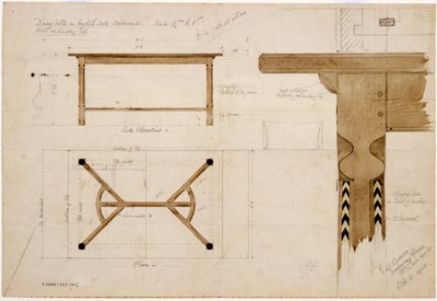Design jídelního stolu z anglického dubu, zatmavený, s nosítky na seno, 2. října 1908 (pero & inkoust a wc na papíře) od Ernest William Gimson