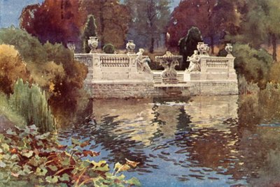Lancaster Gate Fountain, Kensington Gardens (barevné lito) od Ernest William Haslehust