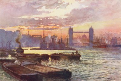 Řeka Temže: Tower Bridge (barevná litografie) od Ernest William Haslehust