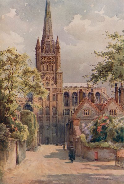 The Cathedral Precincts, Norwich (barevná lito) od Ernest William Haslehust