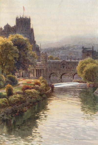Pohled z mostu North Parade, Bath (barevné lito) od Ernest William Haslehust