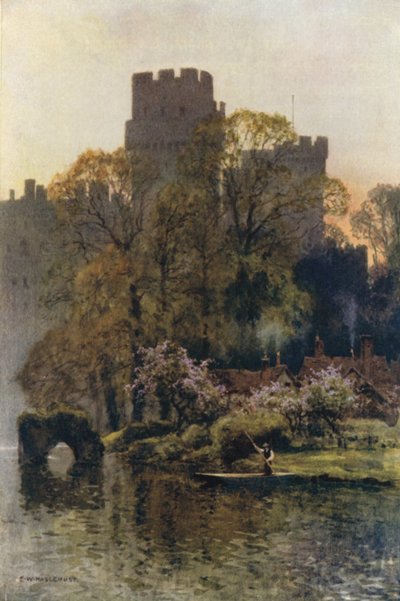 Warwick Castle from the River (barevné lito) od Ernest William Haslehust