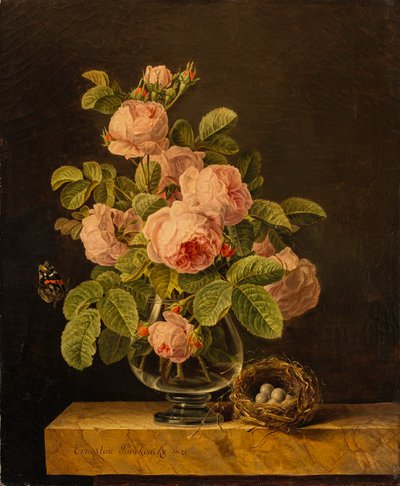Ernestine Panckoucke - Váza s růžemi, motýlem a hnízdem na římse od Ernestine Panckoucke