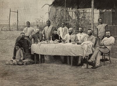 Banket protiotrokářské společnosti na italském konzulátu v Bomě, Demokratická republika Kongo, rytina Ernesta Mancastropy z fotografie Giuseppe Corona, z L