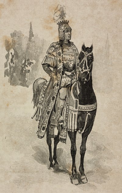 Vévoda z Aosty Emanuele Filiberto Savojský v kostýmu Umberta Biancamana na turnaji Villa Borghese u příležitosti stříbrné svatby Umberta I. a Margherity Savojské, Řím, Itálie od Ernesto Mancastroppa