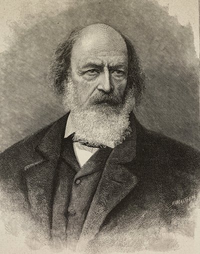 Portrét Alfreda Tennysona (1809-1892), britského básníka, rytina Ernesta Mancatroppy z fotografie Barraud, z L