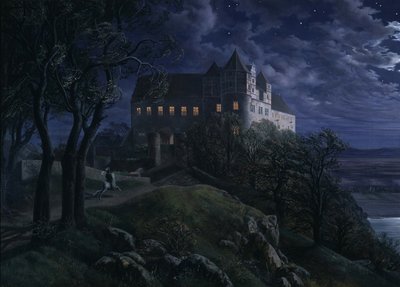 Hrad Scharfenberg v noci, 1827 od Ernst Ferdinand Oehme