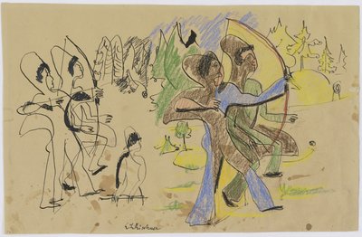 Lukostřelci, asi 1935 (pero a křída na hnědém papíře) od Ernst Ludwig Kirchner