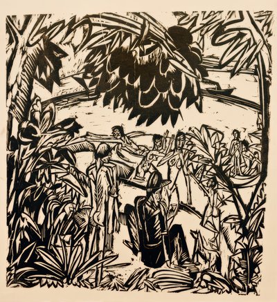 Koupání scéna pod větvemi stromů od Ernst Ludwig Kirchner