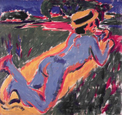 Modrý ležící akt se slaměným kloboukem, 1908 od Ernst Ludwig Kirchner