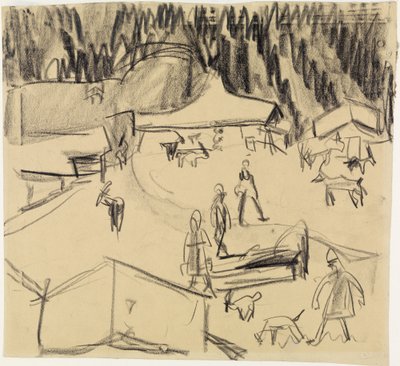 Horská vesnice (Staffelalp) s pastevci a kozami od Ernst Ludwig Kirchner