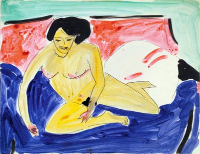 Akt sedící na divanu (Seated nude on Divan). Dílo Ernsta Ludwiga Kirchnera (1880-1938), akvarel a tuš na papíře od Ernst Ludwig Kirchner