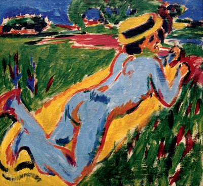 Nu bleu spí ve slaměném klobouku. Dílo Ernsta Ludwiga Kirchnera (1880-1938), olej na kartonu od Ernst Ludwig Kirchner
