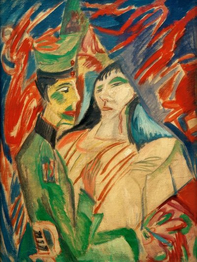 Voják a dívka mezi barevnými závěsy od Ernst Ludwig Kirchner
