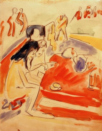 Dvě dívky sedí u stolu od Ernst Ludwig Kirchner