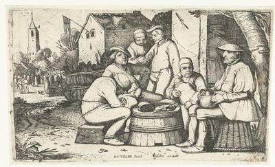 Šest sedláků sedících kolem sudu v hostinci od Esaias van de Velde
