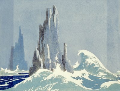 Cathedral Rocks, Tasmánie, 1939 (linoryt) od Ethleen Palmer