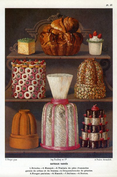 Koláče se různí: brioška, nedostatek, tympány z mandlové pasty přelité smetanou a jahodami, croquenbouche de genoise, pařížský nugát, sušenka, sultane, bretaňský - talíř č. 2 z knihy cukráren od Julese Gouffea, důstojníka de bouche du Jockey-Club de Paříž  od Etienne (after) Ronjat