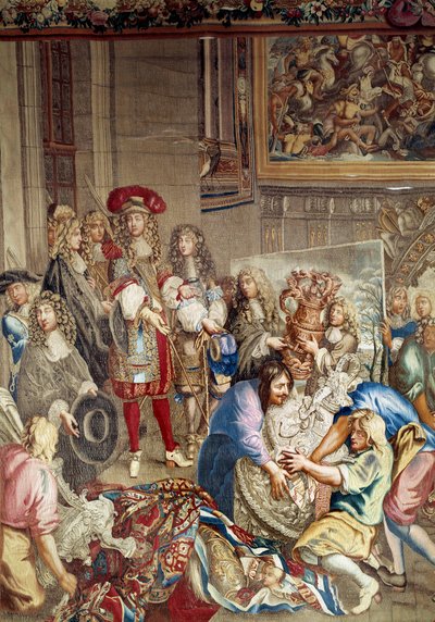 Návštěva Ludvíka XIV. v Manufacture des Gobelins za přítomnosti Jean Baptiste (Jean-Baptiste) Colberta (1619-1683) (z profilu, vpravo od krále) a malíře Charlese Lebruna (Le Brun) (1619-1690) ), 15. října od Etienne (studio of) Le Blond