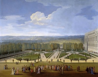 Ludvík XIV. a jeho dvůr na promenádě ve Versailleských zahradách od Etienne Allegrain