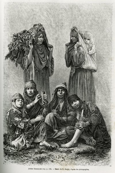 Arabové Ghawarineh, nomádi z povodí Mrtvého moře. Rytina E. Ronjata pro ilustraci dnešního příběhu Sýrie od M. Lorteta, děkana lékařské fakulty v Lyonu, pověřeného vědeckým posláním ministerstva veřejného školství, publikovaná v T od Etienne Antoine Eugene Ronjat