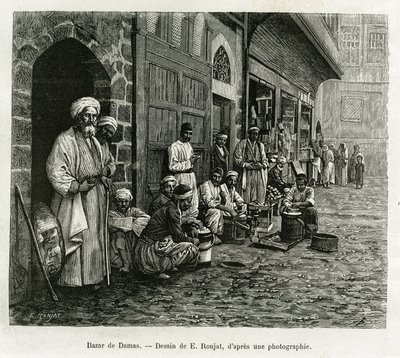 Damašský bazar. Rytina E.Ronjata pro ilustraci příběhu La Syria d
