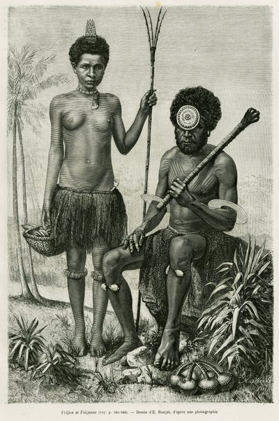 Fidžijský pár. Rytina E.Ronjata k ilustraci příběhu Promenades en Oceanie, od Aylic Marin, in le tour du monde 1887, režie Edouard Charton (1807-1890), Hachette, Paříž. od Etienne Antoine Eugene Ronjat
