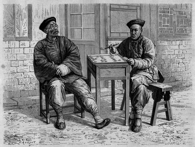 Vydejte se hráči do ulic Pekinu (Peking) v 19. století. Rytina podle kresby Ronjata, podle fotografie doktora Morache, v „Le Tour du Monde, Nouveau journal des Voyages“, editoval Edouard Charton, Paříž od Etienne Antoine Eugene Ronjat