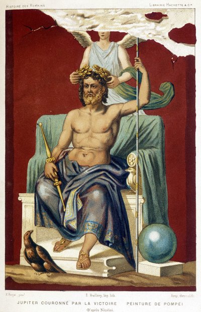 Jupiter (Zeus) korunovaný vítězstvím - podle fresky od Pompejí, kterou vychoval Nicolini. od Etienne Antoine Eugene Ronjat