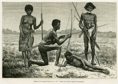 Negritos z hory Yriga. Rytina E.Ronjata k ilustraci příběhu Lucon a Palaouan, šest let na Filipínách, Alfred Marche (1844-1898), v le tour du monde 1886, režie Edouard Charton (1807-1890), Hachette, Paříž. od Etienne Antoine Eugene Ronjat