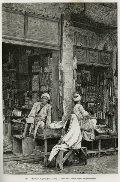 Obchodníci s perlami v Jaffě (Izrael). Rytina od E. Ronjata pro ilustraci La Syria d