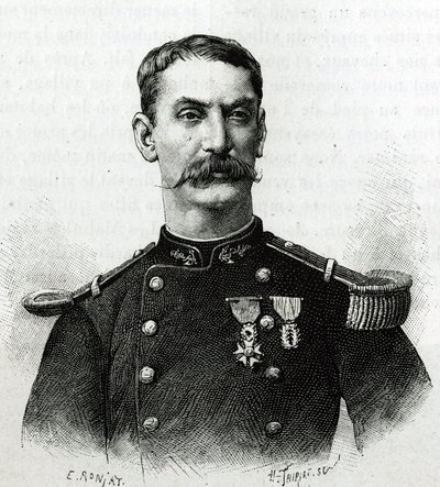 Portrét velitele Josepha Gallieniho, během expedice v Africe (1879-1882). Rytina E. Ronjata po fotografii pro ilustraci příběhu „Exploration du Haut Niger (Haut Niger)“ (dnešní Mali) od velitele Josepha Gallieniho (1849-1916) č. od Etienne Antoine Eugene Ronjat