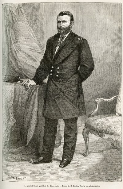 Portrét Ulyssese Granta (1822-1885), amerického generála, vůdce unijních jednotek během Secesní války a 18. prezidenta Spojených států (Spojené státy americké) po dvě funkční období od roku 1869 do roku 1877. Rytina podle kresby E.Ronjata, do ilustrovat st od Etienne Antoine Eugene Ronjat