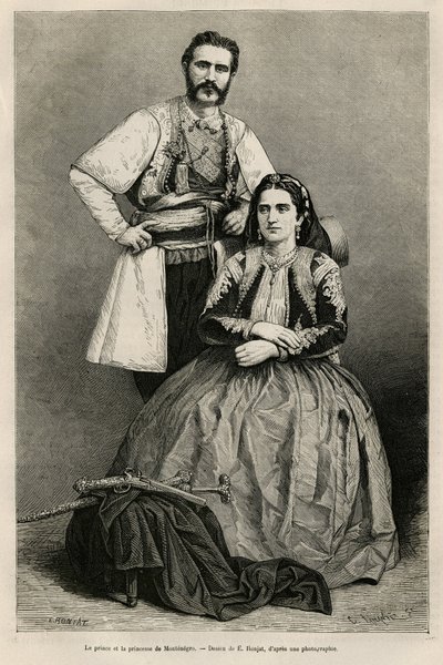 Portréty prince Černé Hory Nicholase I. Petrovicze Niegosche (1841-1921) a jeho manželky Mileny, rozené Voukovich (1847-1923), kresba E. Ronjata, pro ilustraci cesty do Černé Hory, v roce 1874, Charles Yriarte (1832) -1898). Rytina v Le tour du od Etienne Antoine Eugene Ronjat