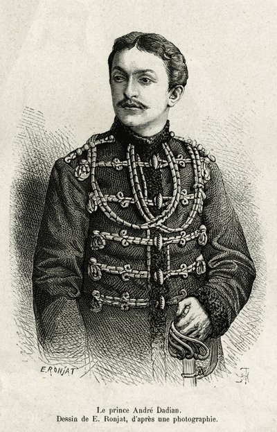 Princ Andre Dadian z Mingrelie (1850-1910), generál ruské armády a mistr v šachu. Rytina od E. Ronjata k ilustraci příběhu Un tour en Mingrelie (region Gruzie, rozprostírající se mezi Kavkazem a Rionem), Carla Serena, v letech 1876-187 od Etienne Antoine Eugene Ronjat