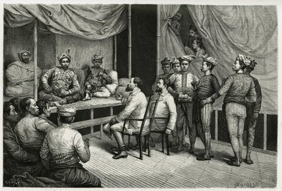 Přijetí cestujících v paláci sultána Soulou (nebo Sulu) (souostroví na Filipínách), Mohammed Yamalul Alam. Rytina E. Ronjata pro ilustraci příběhu „“ Cesta na Filipíny““ od Etienne Antoine Eugene Ronjat