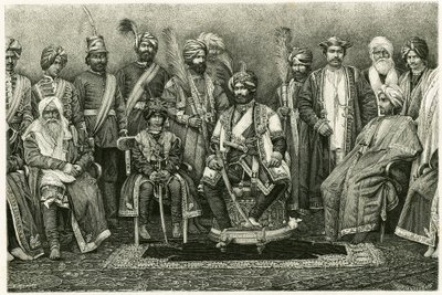 Kašmírský maharádža, Rambhir Sing a jeho dvůr. Rytina E. Ronjat k ilustraci příběhu „Portrét pařížské ženy v západním Himálaji“ z roku 1881 od Marie de Ujfalvy-Bourdon (Ujfalvy Bourdon). Publikováno v Tour du monde, 2. semestr od Etienne Antoine Eugene Ronjat