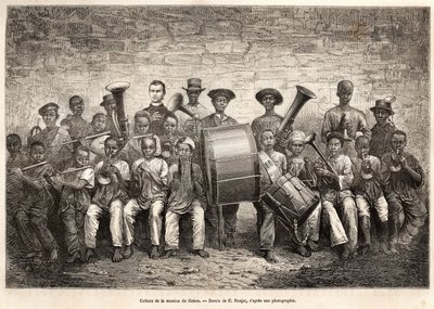 Skupina dětí gabonské mise. Rytina podle kresby E. Ronjata, pro ilustraci plavby na pobřeží Afriky, od viceadmirála Fleuriota de Langle, v roce 1868, publikovaná v „“Le tour du monde““ 1876, editoval Edouard Charton, Hachet od Etienne Antoine Eugene Ronjat