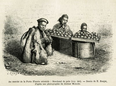 Obchodník s chlebem, na úpatí Orientální květinové brány císařského paláce v Pekinu, aktuální scéna každodenního života. Rytina podle kresby E.Ronjata, k ilustraci cesty do Pekinu a severní Číny, od T.Choutze, r. 1873, vyd. od Etienne Antoine Eugene Ronjat