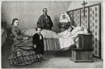 Konzultace lékaře v hospici Logelbach. Rytina E.Ronjata k ilustraci příběhu „Alsasko a Lotrinsko“, v roce 1884, od Charlese Grada (1842-1890), německého zástupce, spisovatele a přírodovědce. Publikováno v Le Tour du monde, nouveau journal d od Etienne Antoine Eugene Ronjat