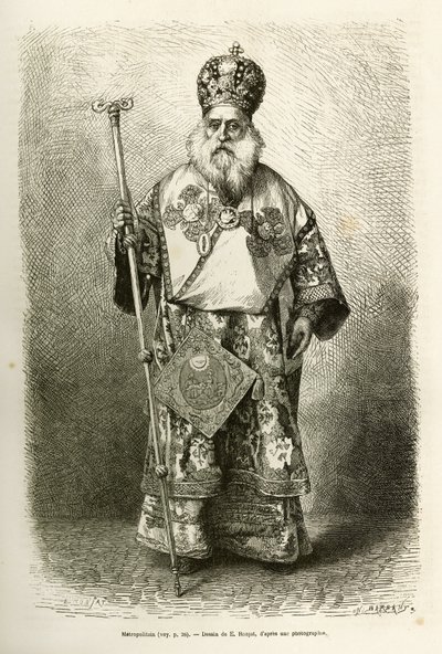 Metropolitní předvečer nové katedrály v Athénách. Rytina podle kresby E. Ronjata pro ilustraci plavby do Řecka od Henriho Belleho v letech 1861-1868-1874, publikovaná v „“Le tour du monde“““ 1876, editoval Edouard Charton, vydání Hachette, od Etienne Antoine Eugene Ronjat