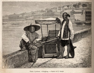 Dva nosiči odpočívající vedle invalidního vozíku v Hong Kongu, rytina podle kresby E. Ronjata ilustrující cestu do Číny, od J. Thompsona, v letech 1870-1872, publikovaná v „“Le tour du monde“““ 1875, vyd. Edouard Charton, vydání Hachette, Paříž. S od Etienne Antoine Eugene Ronjat