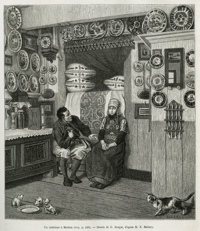 Un interieur à Marken (Pays Bas), rytina podle kresby E. Ronjata, pro ilustraci příběhu Neerlande, Charles de Coster, v roce 1878, publikovaná v tour du monde, pod vedením Edouarda Chartona od Etienne Antoine Eugene Ronjat